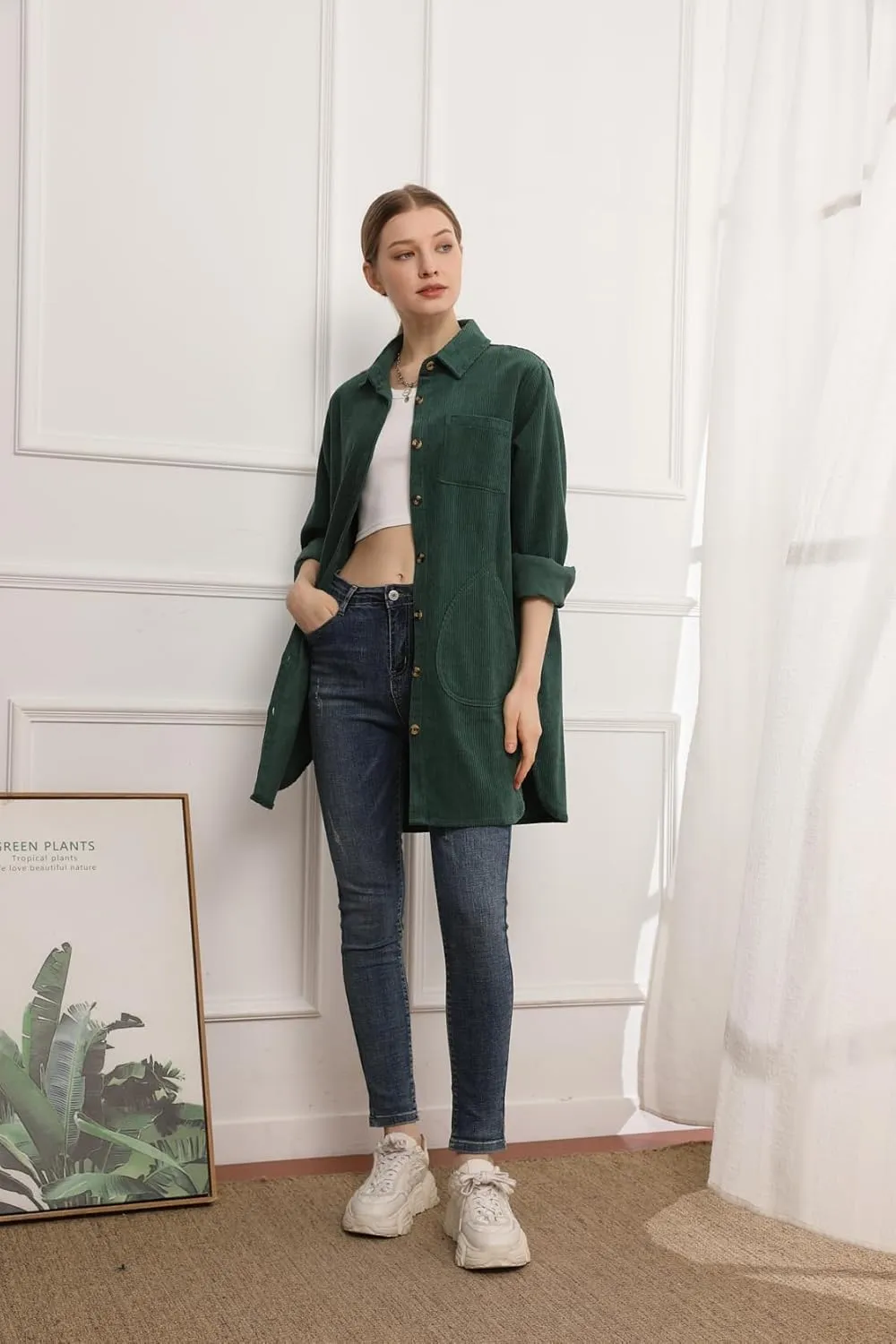 Minibee Women's Corduroy Shirt Coats Long Sleeve Button Down Blouses Tops with Pockets