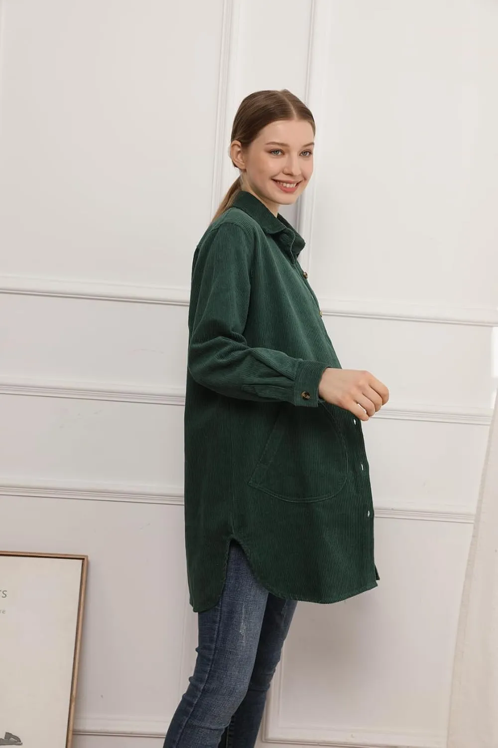 Minibee Women's Corduroy Shirt Coats Long Sleeve Button Down Blouses Tops with Pockets