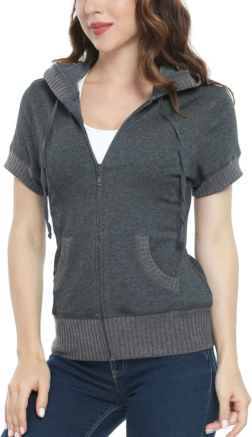 MISS MOLY Women Short Sleeves Hoodie Jacket Full Zip Up Lightweight Sweatshirt Casual