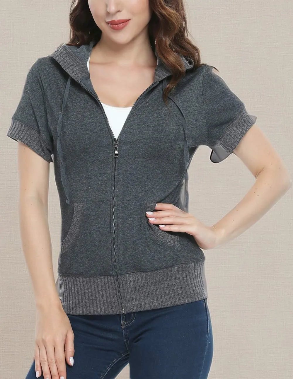 MISS MOLY Women Short Sleeves Hoodie Jacket Full Zip Up Lightweight Sweatshirt Casual