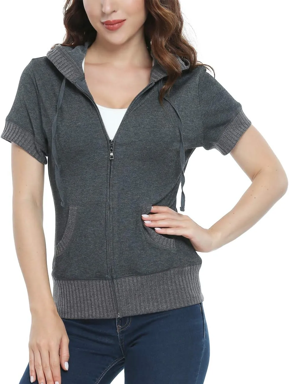 MISS MOLY Women Short Sleeves Hoodie Jacket Full Zip Up Lightweight Sweatshirt Casual