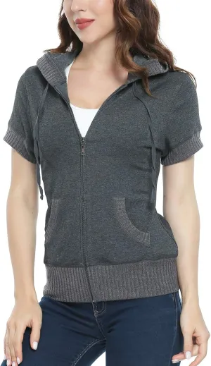 MISS MOLY Women Short Sleeves Hoodie Jacket Full Zip Up Lightweight Sweatshirt Casual