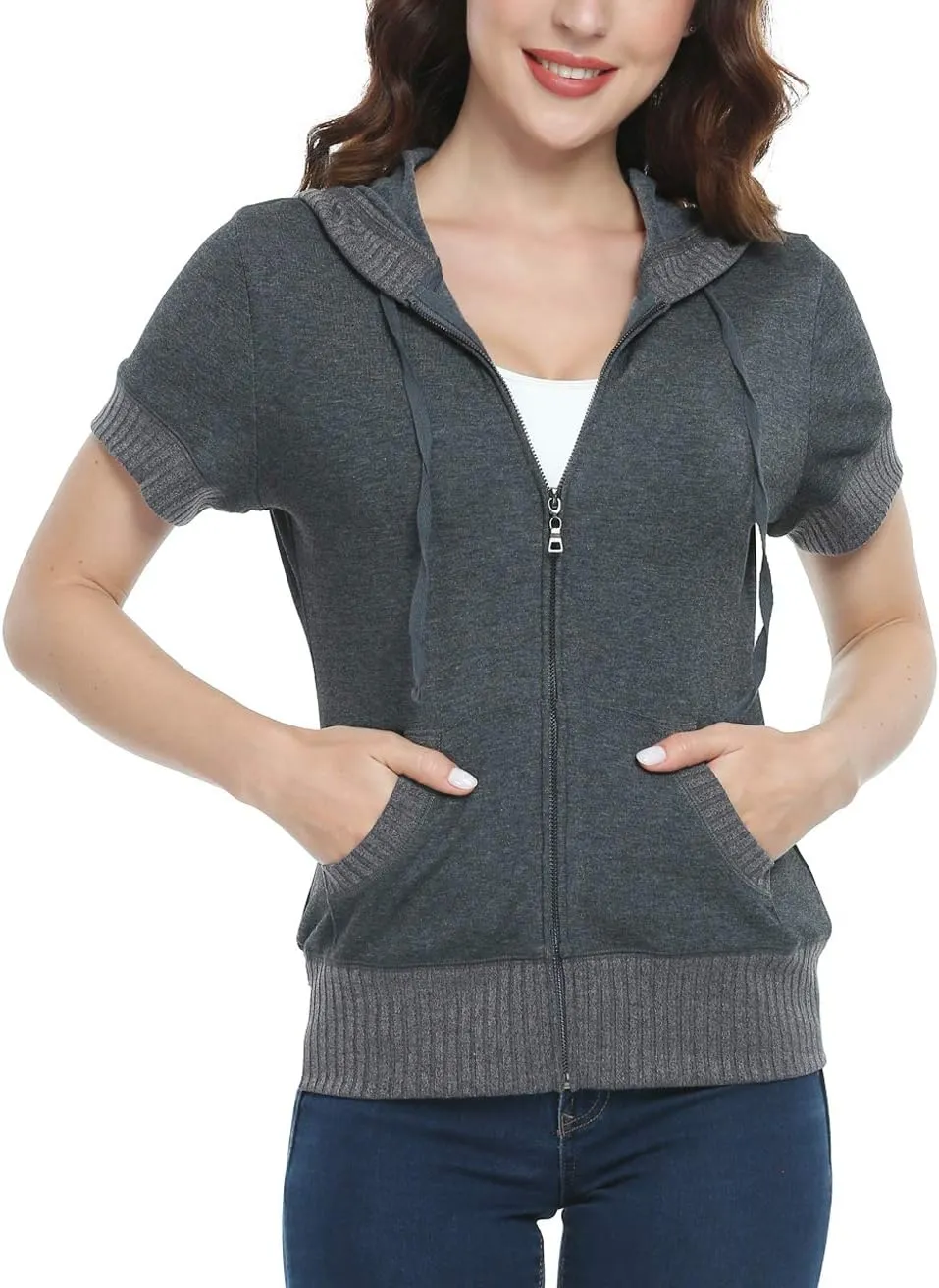 MISS MOLY Women Short Sleeves Hoodie Jacket Full Zip Up Lightweight Sweatshirt Casual