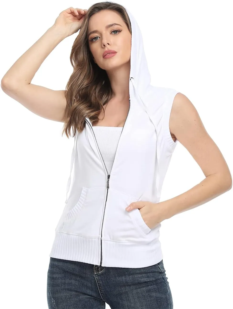 MISS MOLY Women's Sleeveless Hoodies Sweatshirt Basic Solid Zip Up Vest Hoodie