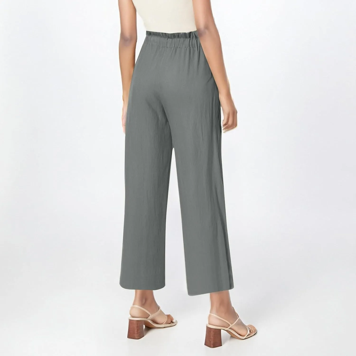 Miyaomn Wide Leg Linen Pants for Women Drawstring Summer Palazzo Flowy Pants Casual Loose High Waisted Trousers with Pockets