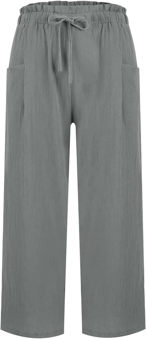 Miyaomn Wide Leg Linen Pants for Women Drawstring Summer Palazzo Flowy Pants Casual Loose High Waisted Trousers with Pockets