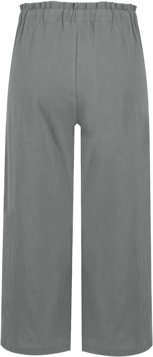 Miyaomn Wide Leg Linen Pants for Women Drawstring Summer Palazzo Flowy Pants Casual Loose High Waisted Trousers with Pockets