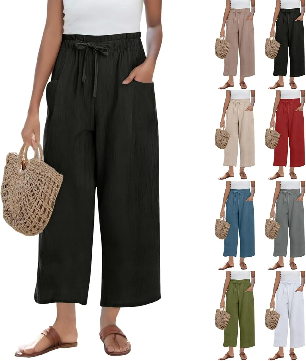 Miyaomn Wide Leg Linen Pants for Women Drawstring Summer Palazzo Flowy Pants Casual Loose High Waisted Trousers with Pockets