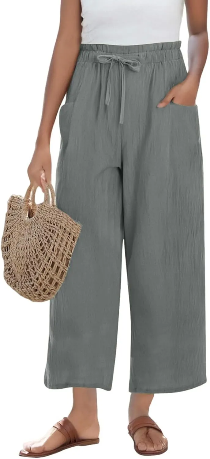 Miyaomn Wide Leg Linen Pants for Women Drawstring Summer Palazzo Flowy Pants Casual Loose High Waisted Trousers with Pockets