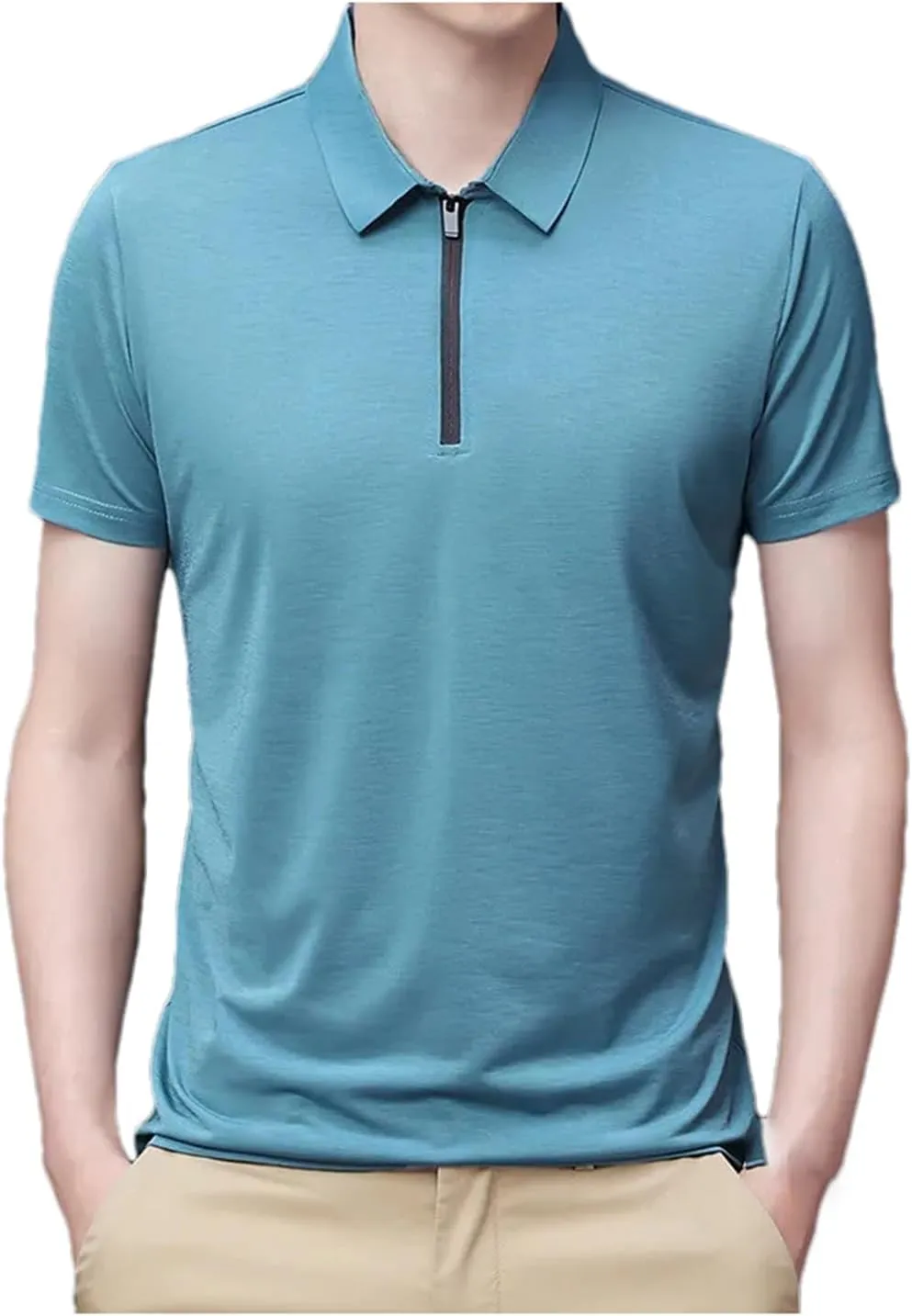 Mnjyihy Men Summer Short Sleeve Polo Shirt Solid Thin Zipper Collar Business Slim Quick-Dry Casual Golf T-Shirt