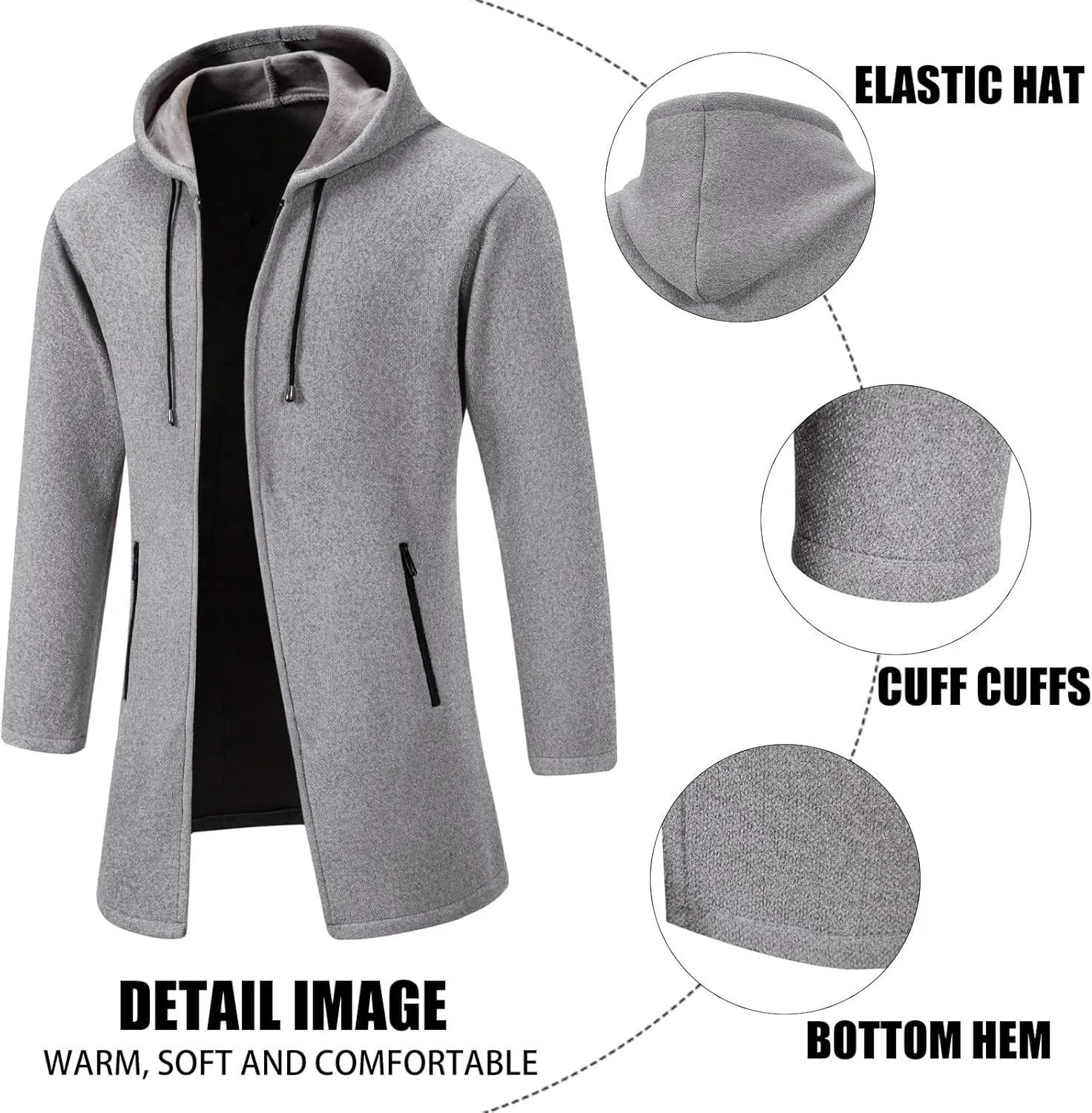 Mylldey Men's Long Cardigan Hoodies Full-zip Fleece Lined Sweaters Knit Regular Fit Casual Sweater Hooded Coat wiht Pocket