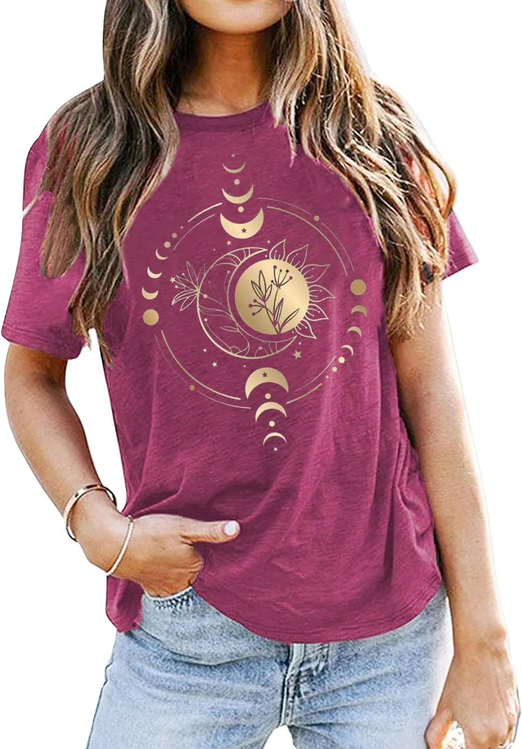 Mystic Moon and Sun Shirt Women Mystical Moon Phase Tshirt Boho Vintage Moon Graphic Tee Celestial Moon Tops