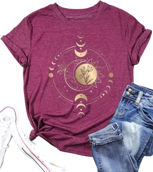 Mystic Moon and Sun Shirt Women Mystical Moon Phase Tshirt Boho Vintage Moon Graphic Tee Celestial Moon Tops