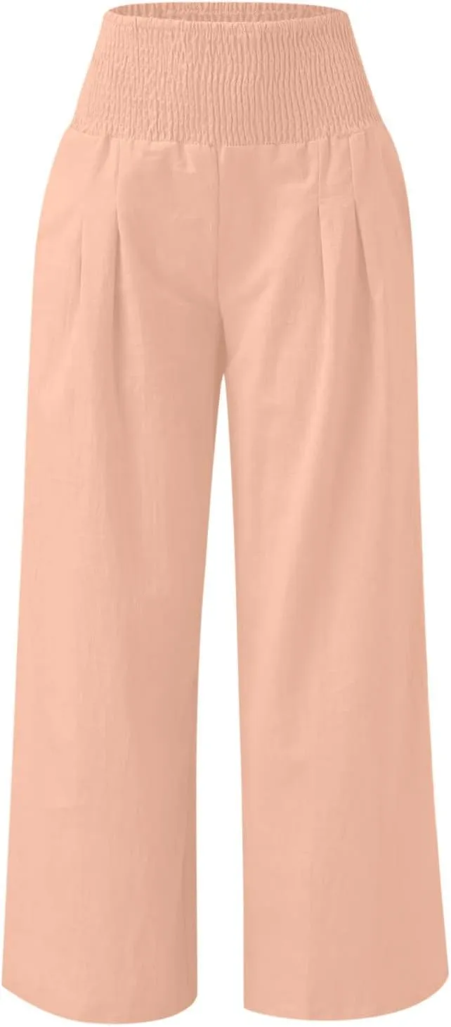 NATHGAM Women's Summer Wide Leg Pants Cotton Linen Casual Smocked High Waisted Palazzo Trousers Beach Travel Vacation Outfits
