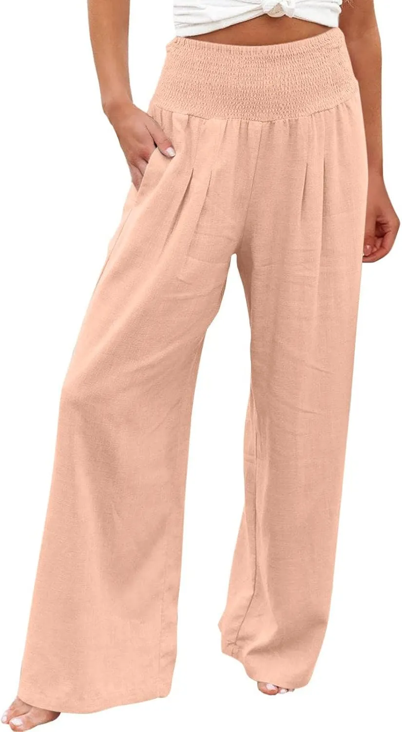 NATHGAM Women's Summer Wide Leg Pants Cotton Linen Casual Smocked High Waisted Palazzo Trousers Beach Travel Vacation Outfits