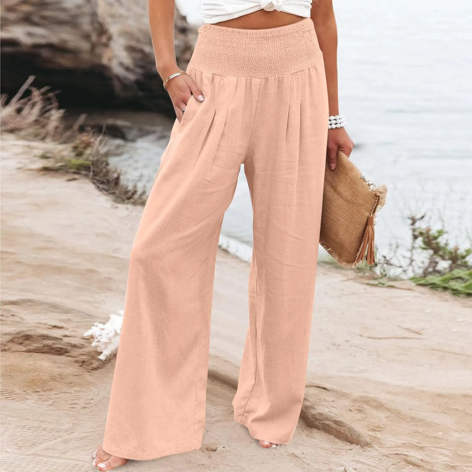 NATHGAM Women's Summer Wide Leg Pants Cotton Linen Casual Smocked High Waisted Palazzo Trousers Beach Travel Vacation Outfits
