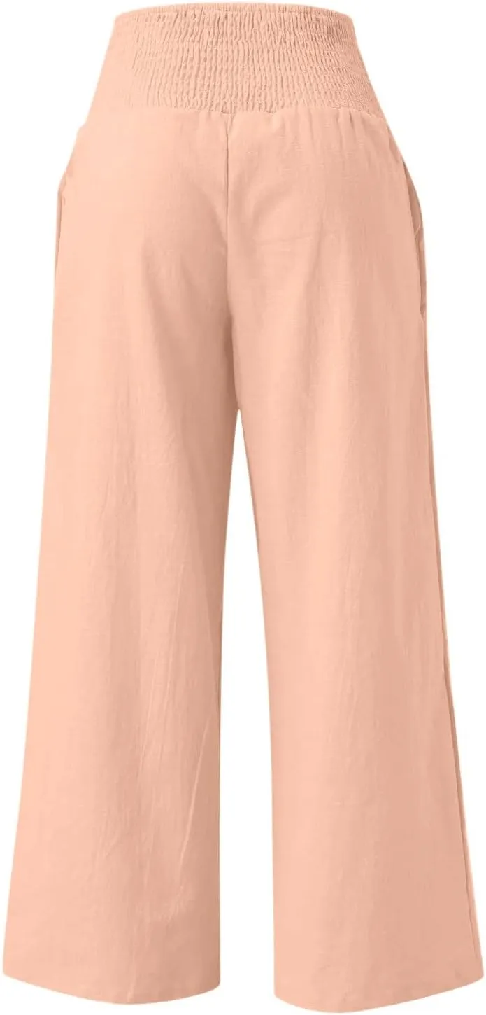 NATHGAM Women's Summer Wide Leg Pants Cotton Linen Casual Smocked High Waisted Palazzo Trousers Beach Travel Vacation Outfits