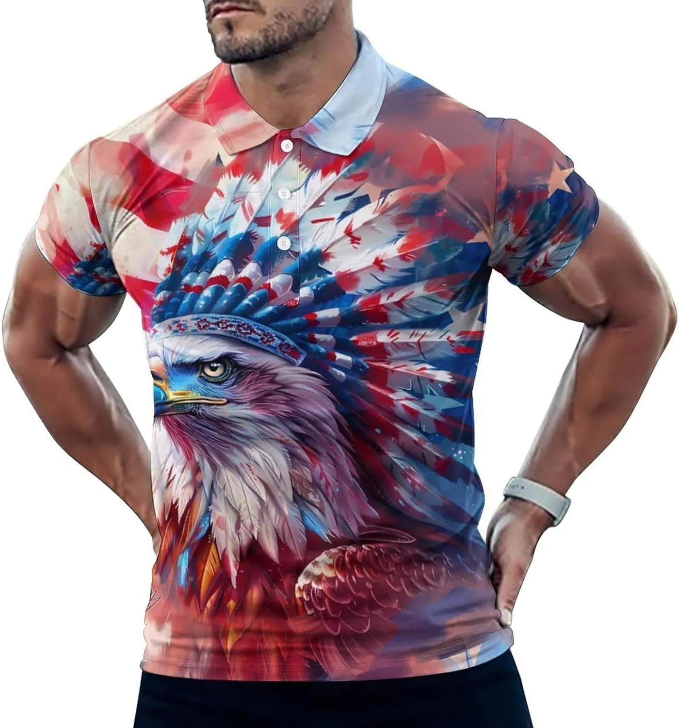 Native U.S.A Eagle Mens Polo Shirts Quick Dry Short Sleeve Golf Slim Fit T Shirt