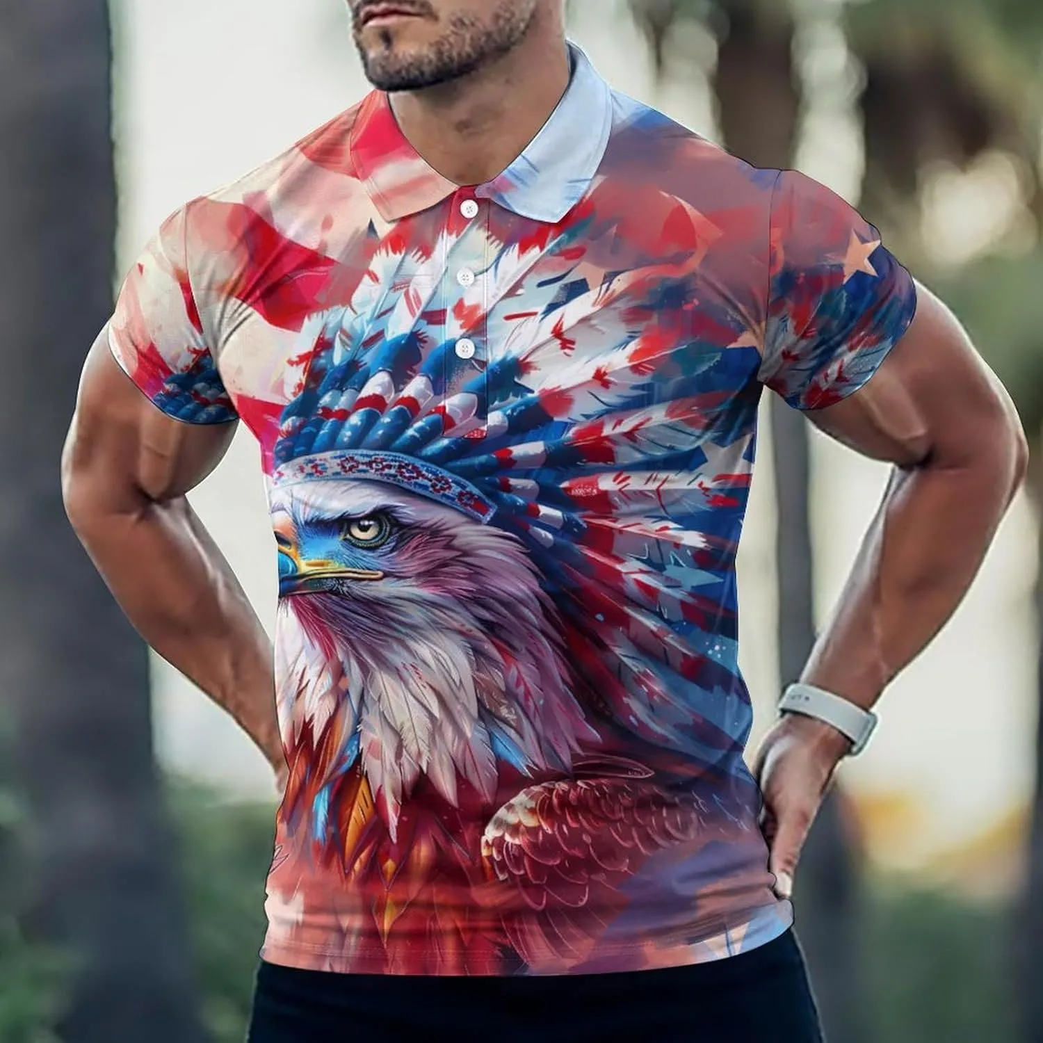 Native U.S.A Eagle Mens Polo Shirts Quick Dry Short Sleeve Golf Slim Fit T Shirt