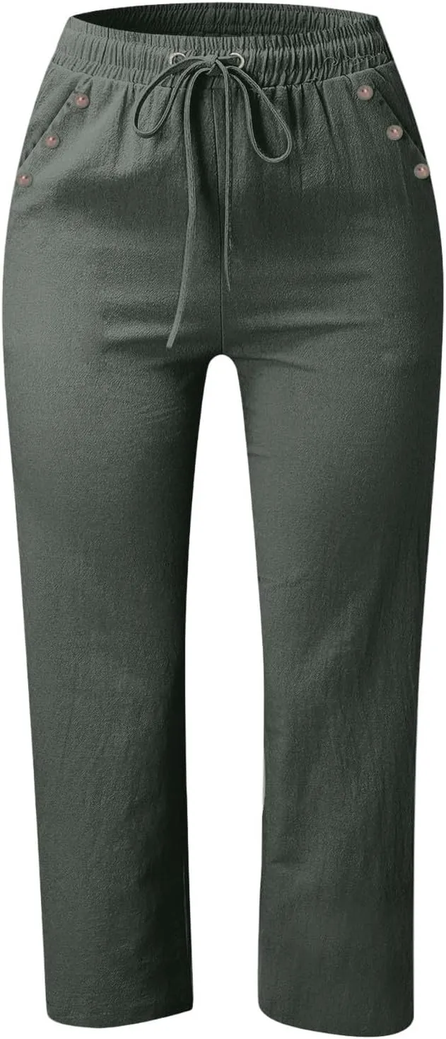 NBXNZWF Capri Pants for Women Cotton Linen 2025 Summer Casual Straight Wide Leg Cropped Pants Elastic High Waist Trousers