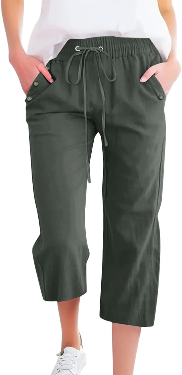 NBXNZWF Capri Pants for Women Cotton Linen 2025 Summer Casual Straight Wide Leg Cropped Pants Elastic High Waist Trousers