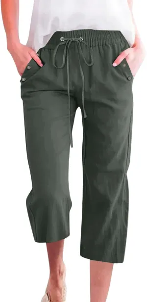 NBXNZWF Capri Pants for Women Cotton Linen 2025 Summer Casual Straight Wide Leg Cropped Pants Elastic High Waist Trousers