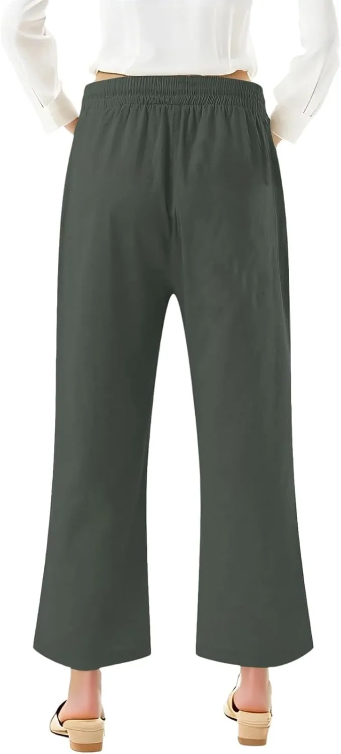 NBXNZWF Capri Pants for Women Cotton Linen 2025 Summer Casual Straight Wide Leg Cropped Pants Elastic High Waist Trousers