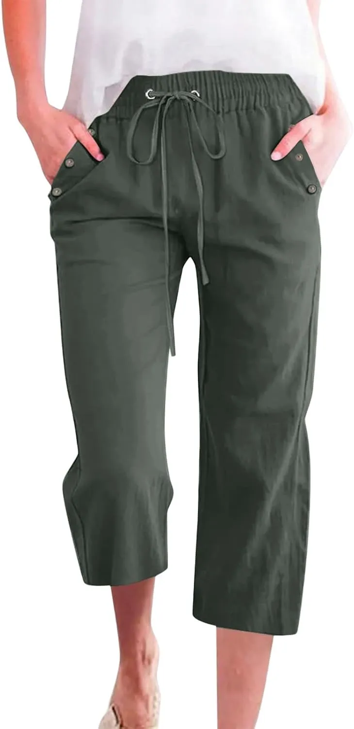 NBXNZWF Capri Pants for Women Cotton Linen 2025 Summer Casual Straight Wide Leg Cropped Pants Elastic High Waist Trousers