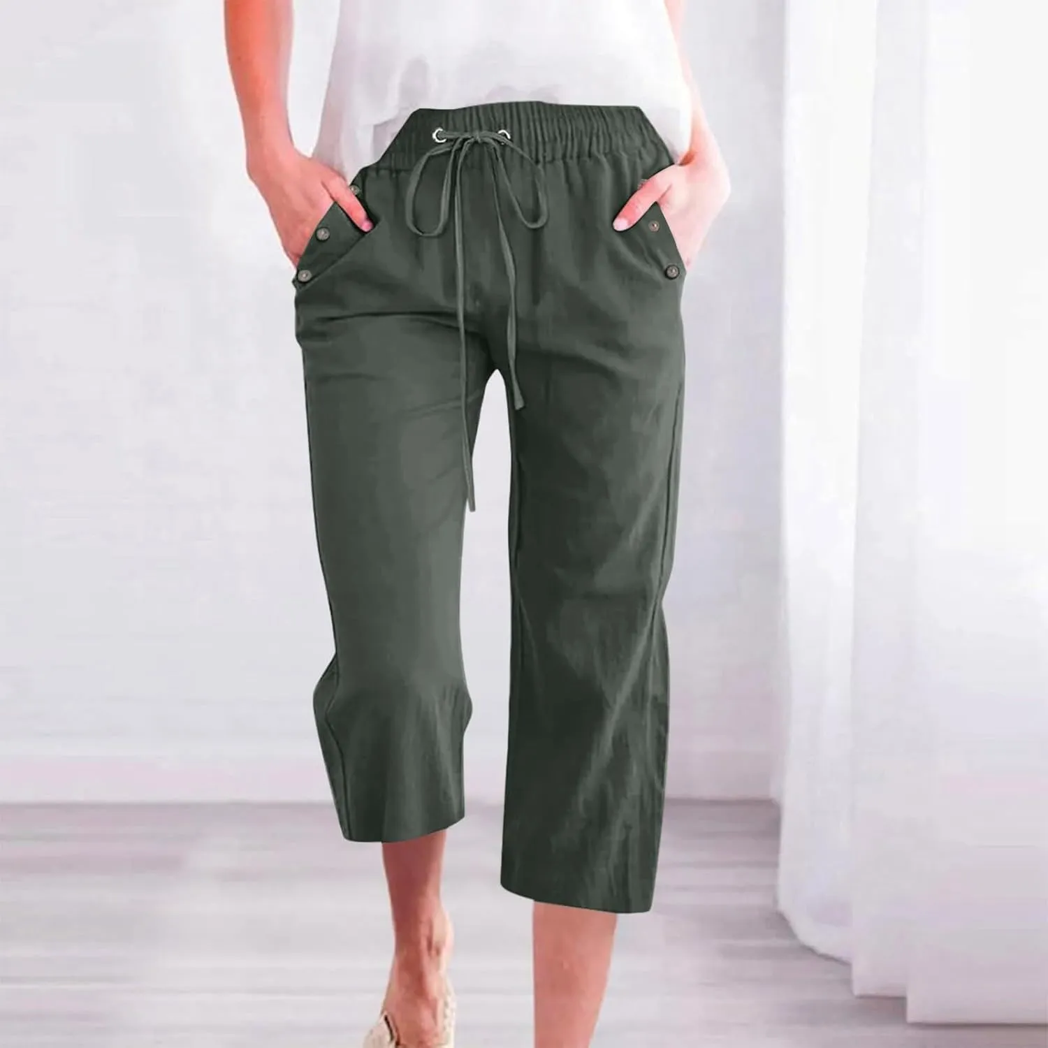 NBXNZWF Capri Pants for Women Cotton Linen 2025 Summer Casual Straight Wide Leg Cropped Pants Elastic High Waist Trousers