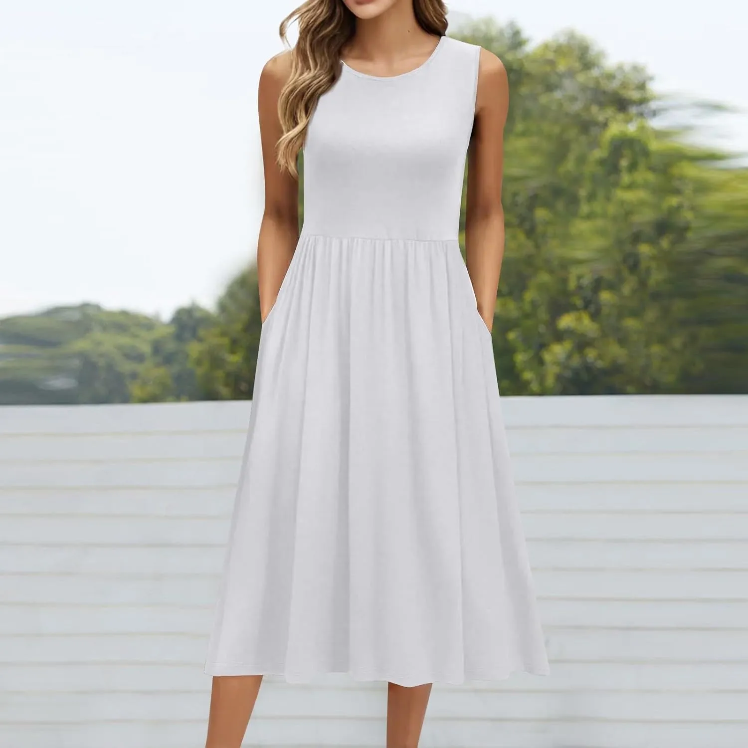 NBXNZWF Summer Dresses for Women 2025 Casual Loose Sleeveless Sundresses Beach A-Line Tank T-Shirt Midi Dress with Pockets