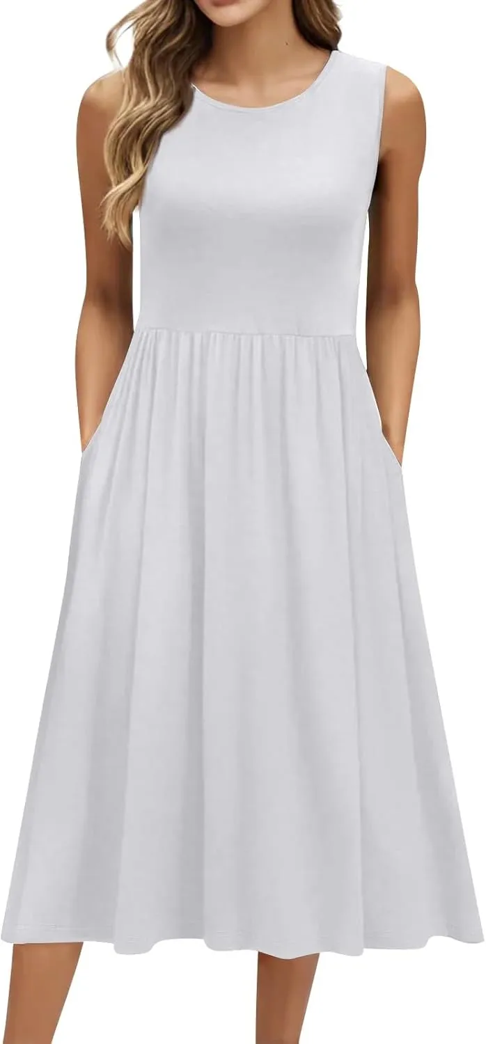 NBXNZWF Summer Dresses for Women 2025 Casual Loose Sleeveless Sundresses Beach A-Line Tank T-Shirt Midi Dress with Pockets