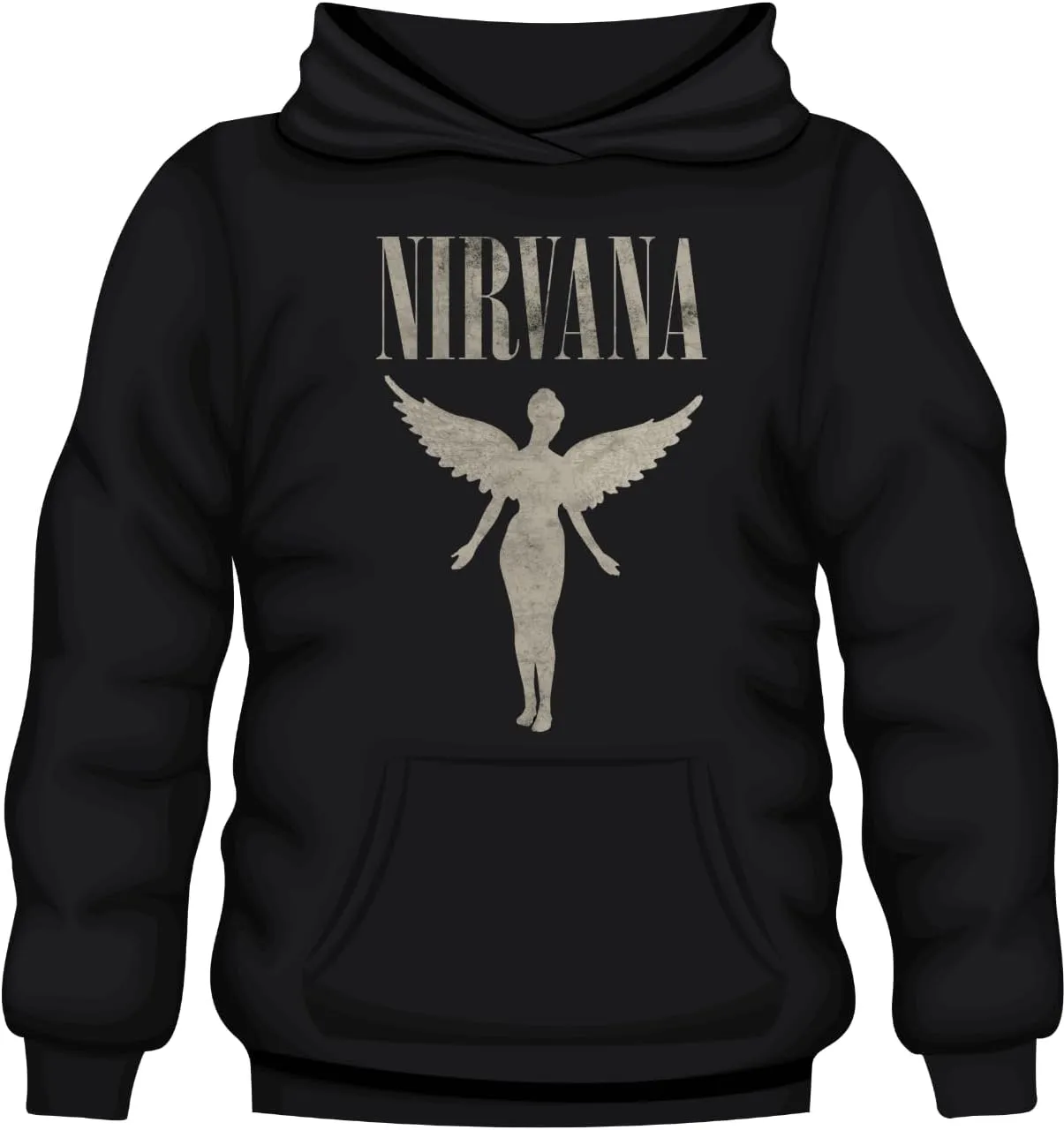 Nirvana Band Logo Pullover Hoodie, Black, Distressed Angel Design with Splatter Effect