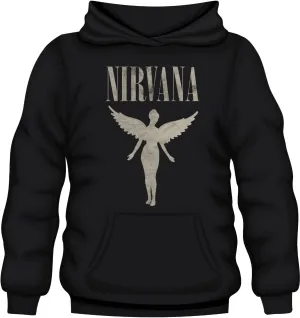 Nirvana Band Logo Pullover Hoodie, Black, Distressed Angel Design with Splatter Effect