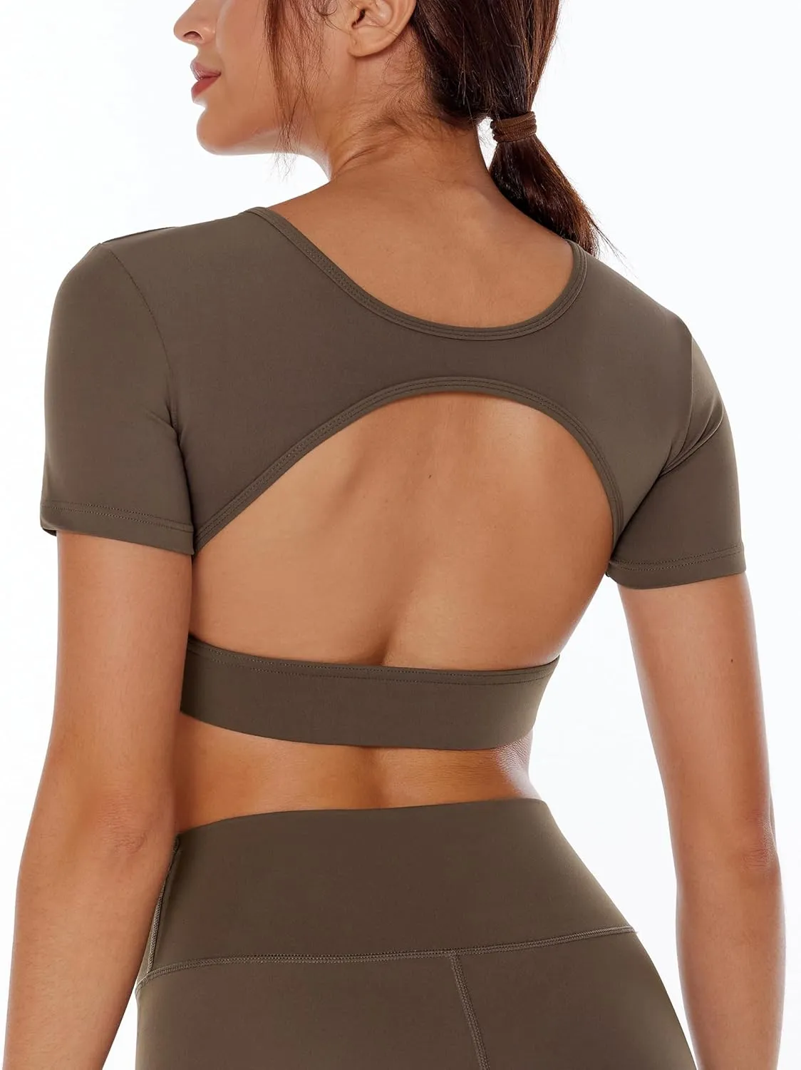 Open Back Workout Crop Tops for Women Backless Yoga Shirts Gym Short Sleeve Mild Support Compression Tee with Bra