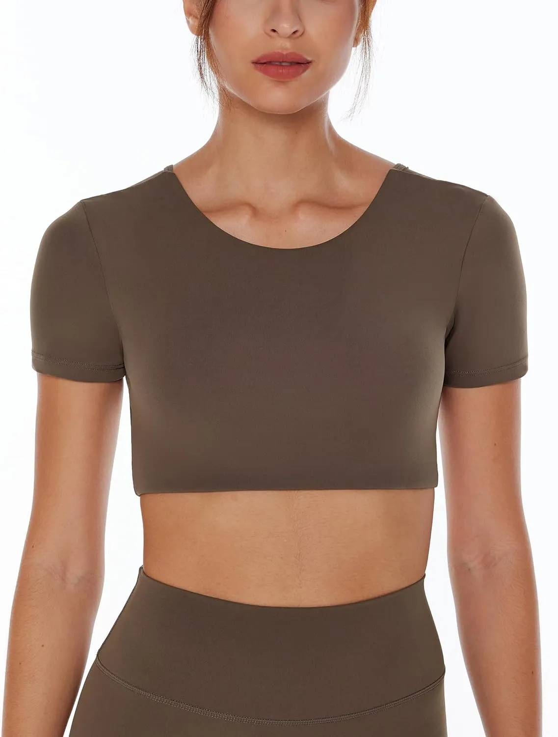 Open Back Workout Crop Tops for Women Backless Yoga Shirts Gym Short Sleeve Mild Support Compression Tee with Bra