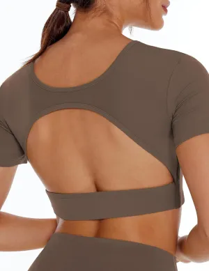 Open Back Workout Crop Tops for Women Backless Yoga Shirts Gym Short Sleeve Mild Support Compression Tee with Bra