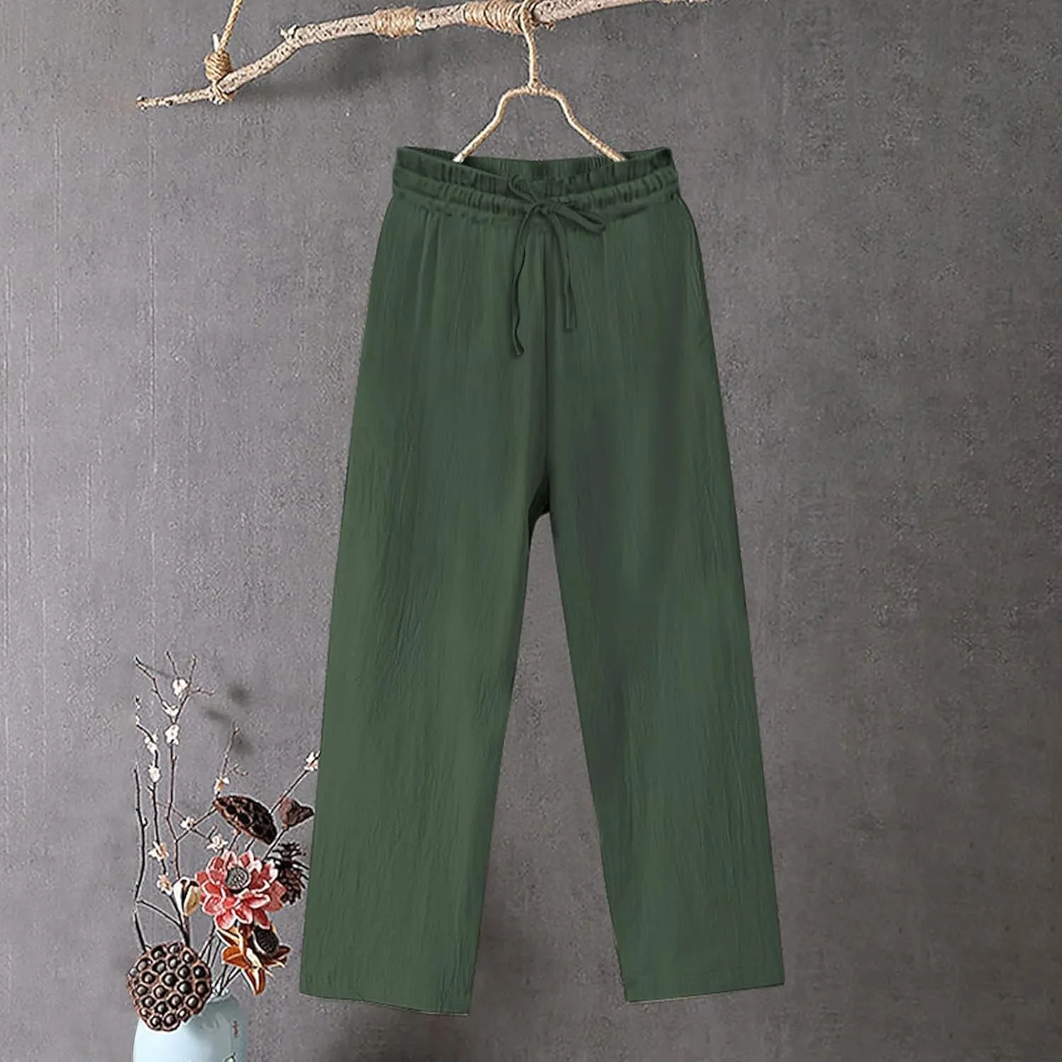 Oplxuo Women's Cotton Linen Pants Casual Straight Wide Leg Elastic Waist Drawstring Trousers Beach Summer Pants with Pockets