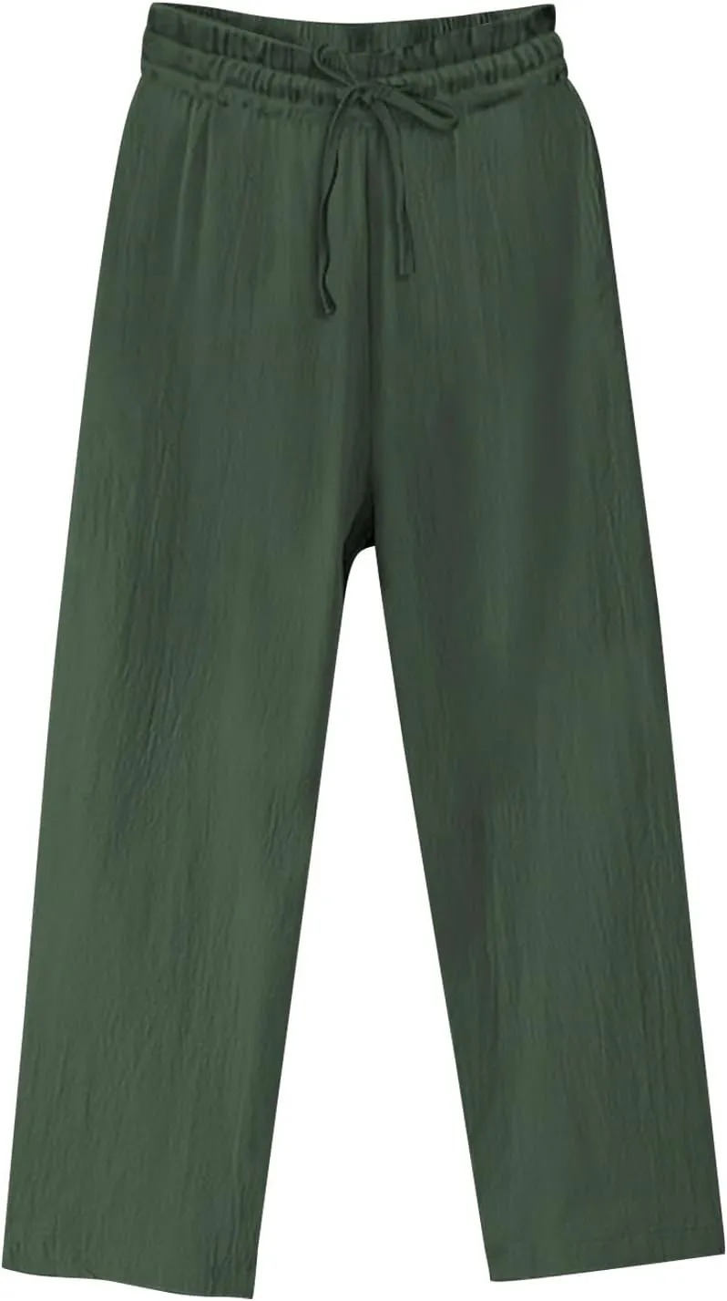 Oplxuo Women's Cotton Linen Pants Casual Straight Wide Leg Elastic Waist Drawstring Trousers Beach Summer Pants with Pockets