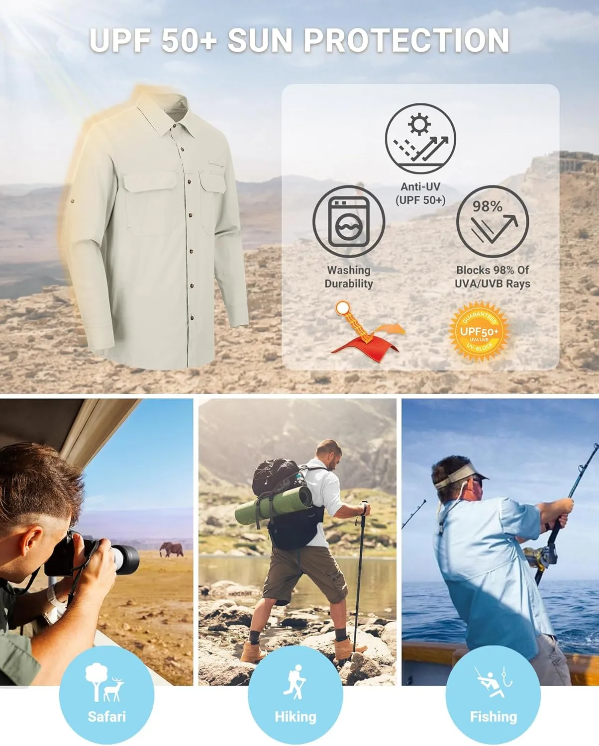 Outdoor Ventures Men's UPF 50  UV Sun Protection Shirt, Long Sleeve Hiking Fishing Shirt Cooling Quick Dry for Safari Travel