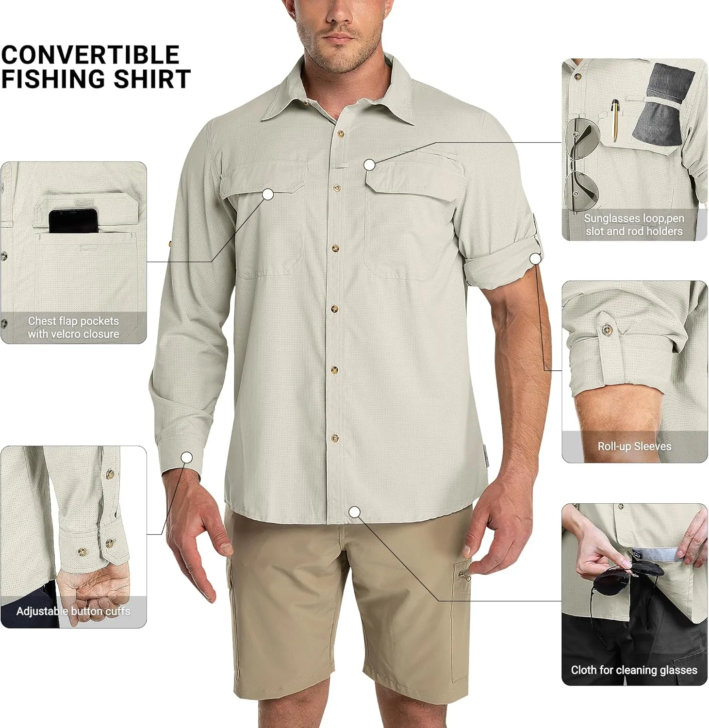 Outdoor Ventures Men's UPF 50  UV Sun Protection Shirt, Long Sleeve Hiking Fishing Shirt Cooling Quick Dry for Safari Travel