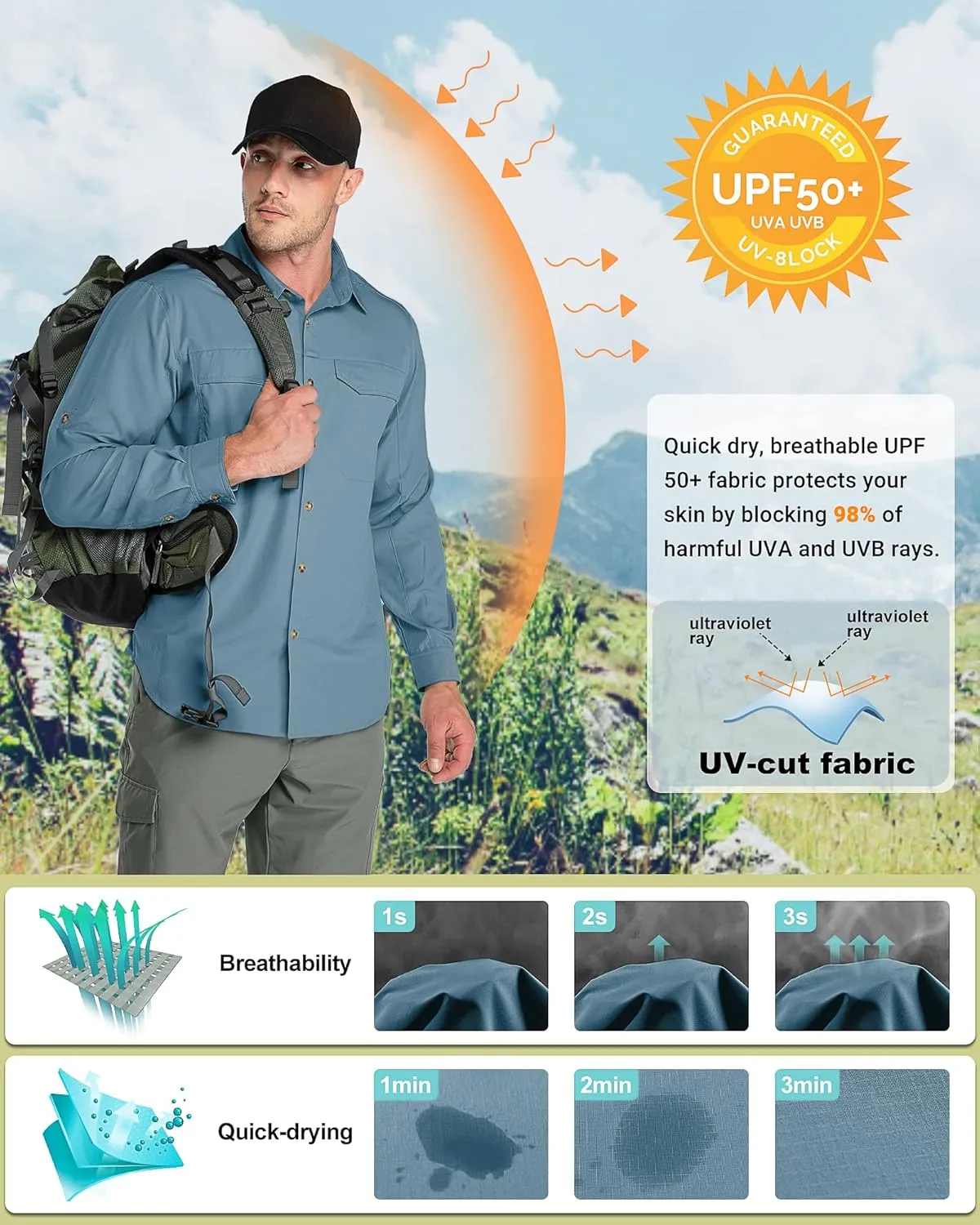 Outdoor Ventures Men's UPF 50  UV Sun Protection SPF Hiking Shirt Long Sleeve Lightweight Quick Dry for Safari Travel Fishing