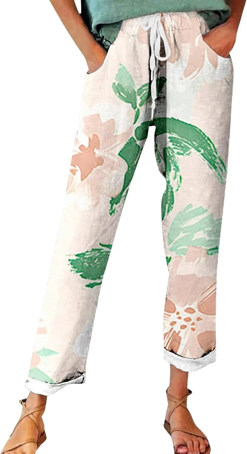 Outfits for Women Summer Wide Leg Pants Drawstring Elastic Waist Pants High Waisted Pants Casual Beach Trousers