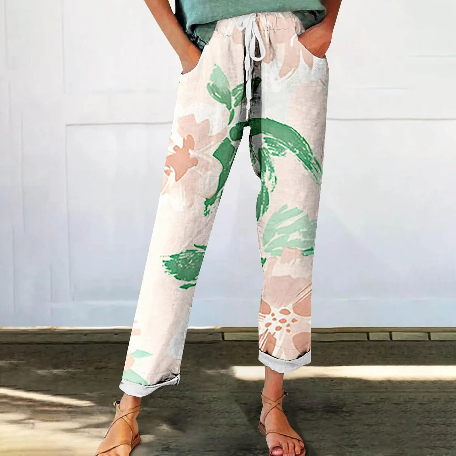 Outfits for Women Summer Wide Leg Pants Drawstring Elastic Waist Pants High Waisted Pants Casual Beach Trousers