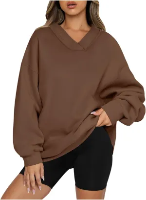 Oversized Fleece Sweatshirts For Women Trendy 2024 Long Sleeve v Neck Pullover Tops Casual Loose Solid Fall Clothes
