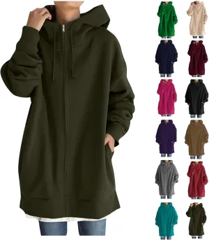 Oversized Hoodies for Women Fall Zip up Hooded Sweatshirts Casual Soild Color Long Fleece Jacket with Pockets