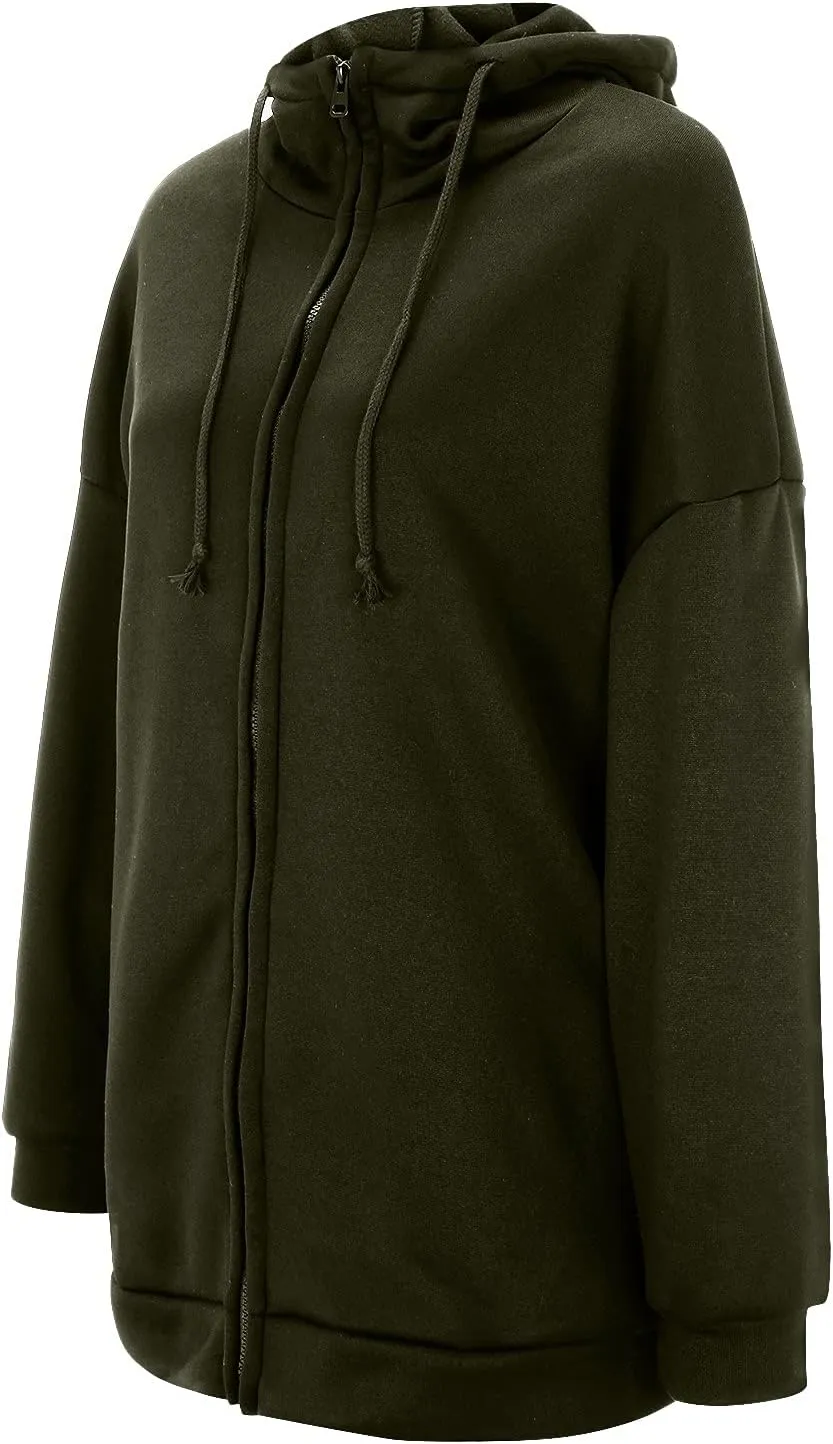 Oversized Hoodies for Women Fall Zip up Hooded Sweatshirts Casual Soild Color Long Fleece Jacket with Pockets