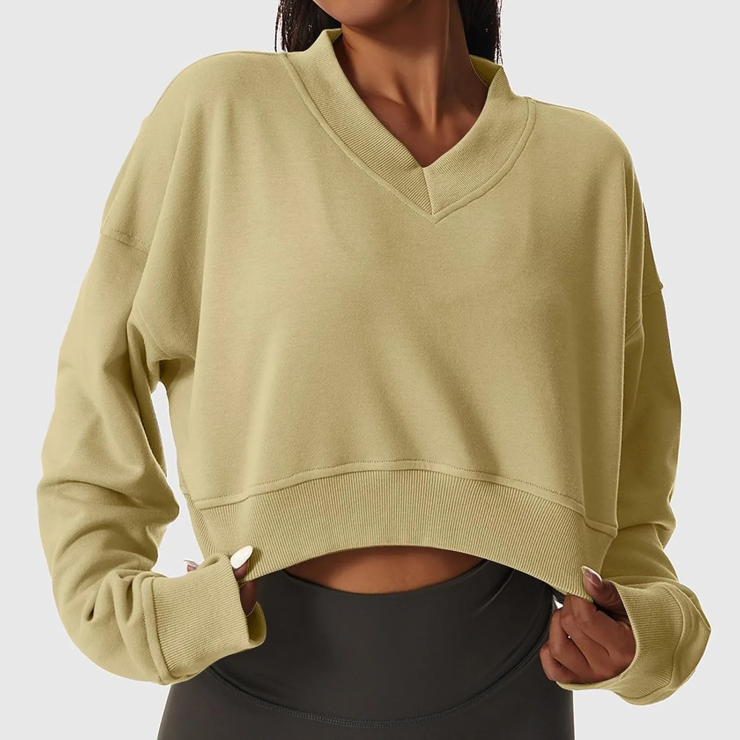 Oversized Sweatshirt Women Loose Fit v Neck Fleece Lined Cropped Shirts Drop Sleeve Solid Pullover Hoodies No Hood