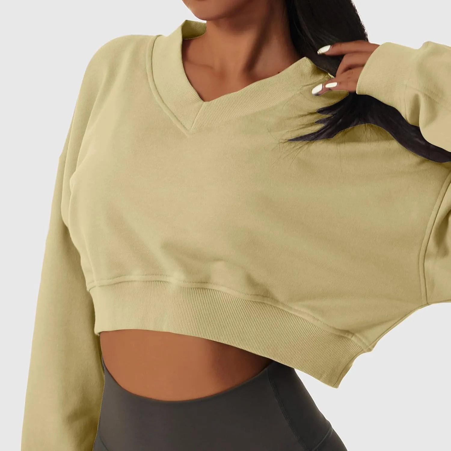 Oversized Sweatshirt Women Loose Fit v Neck Fleece Lined Cropped Shirts Drop Sleeve Solid Pullover Hoodies No Hood