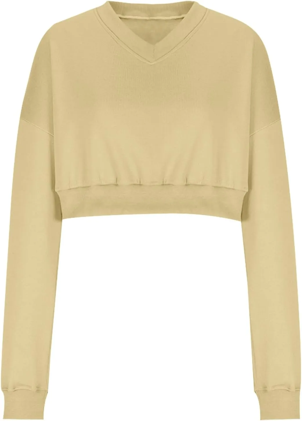Oversized Sweatshirt Women Loose Fit v Neck Fleece Lined Cropped Shirts Drop Sleeve Solid Pullover Hoodies No Hood
