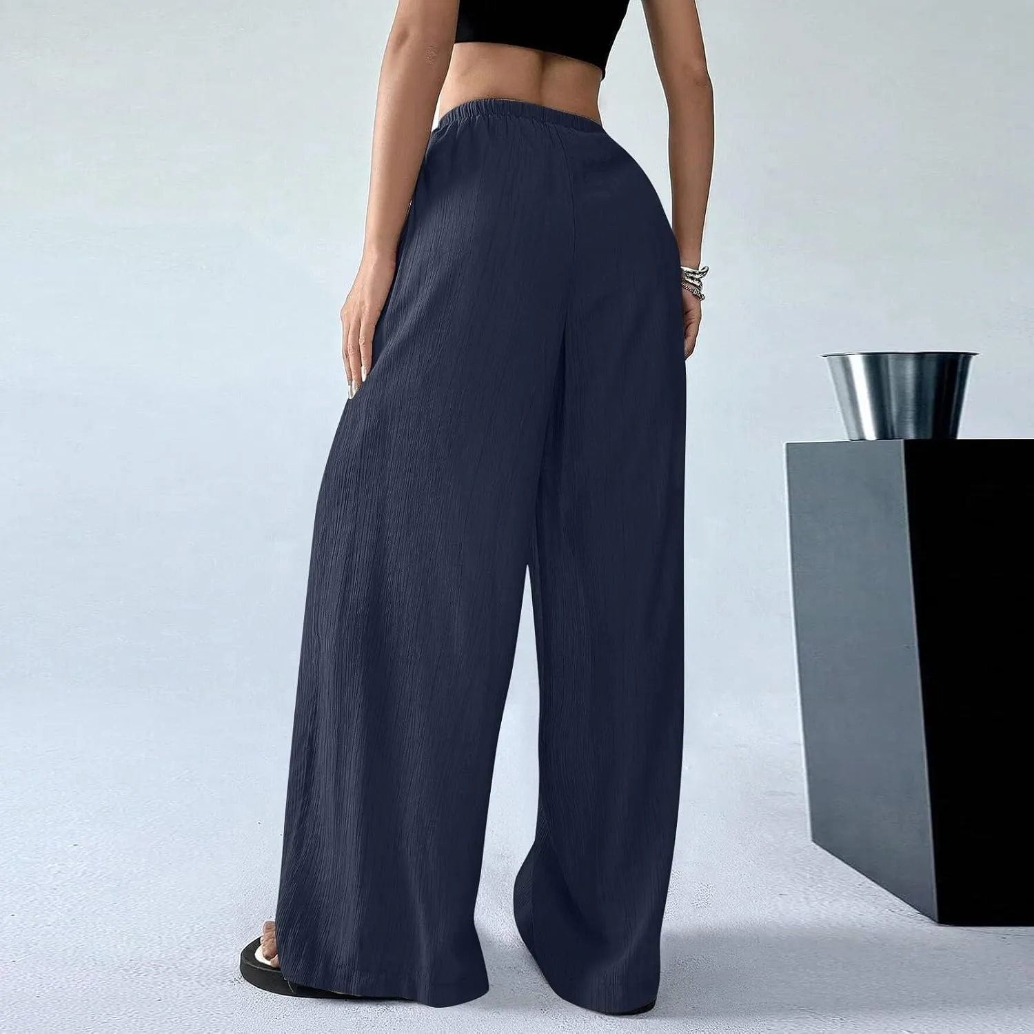 Oversized Wide Leg Pants Woman Baggy Elastic High Waisted Linen Trousers Pants Summer Boho Flowy Pants with Pockets